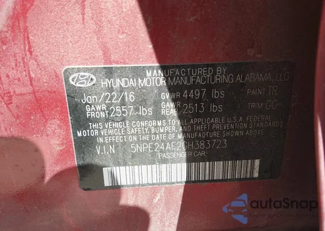 2016 Hyundai Sonata Se из США, поврежденный, VIN 5NPE24AF2GH383723